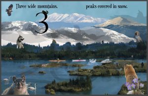 Three wide mountains, peaks covered in snow.